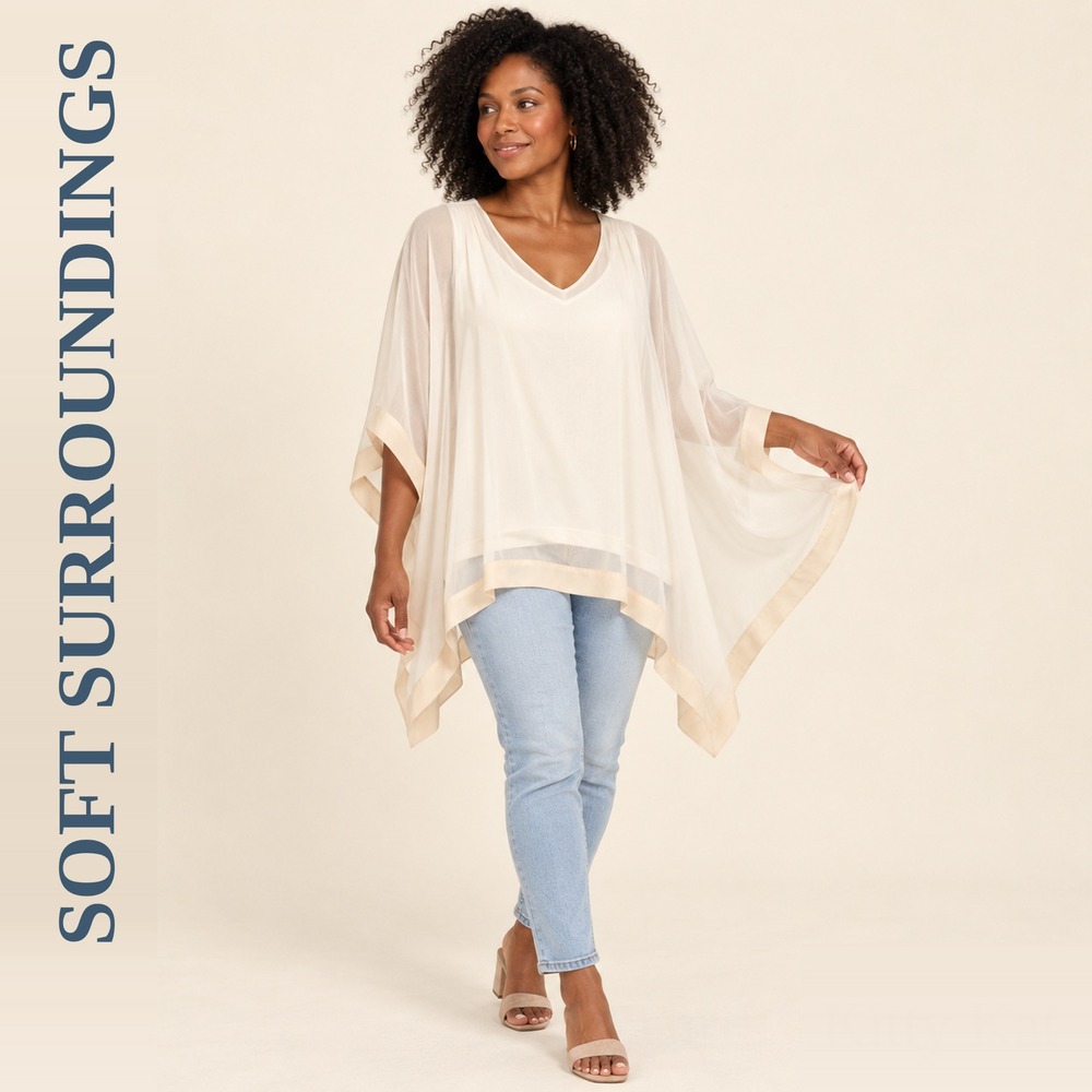 Soft Surroundings Silk Poncho Tunic Sheer Overlay V Neck Ivory Boho Chic M